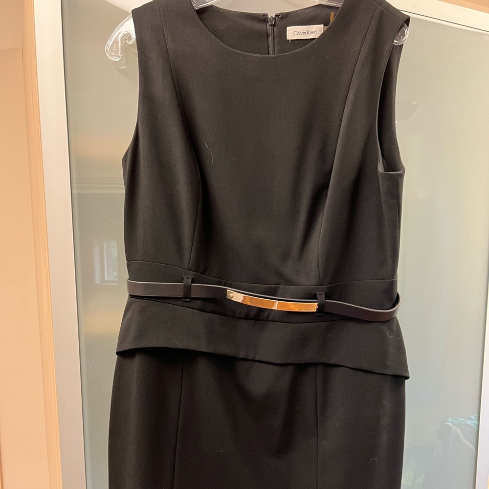 Calvin Klein Black Sleeveless Asymmetrical Peplum Dress with Belt